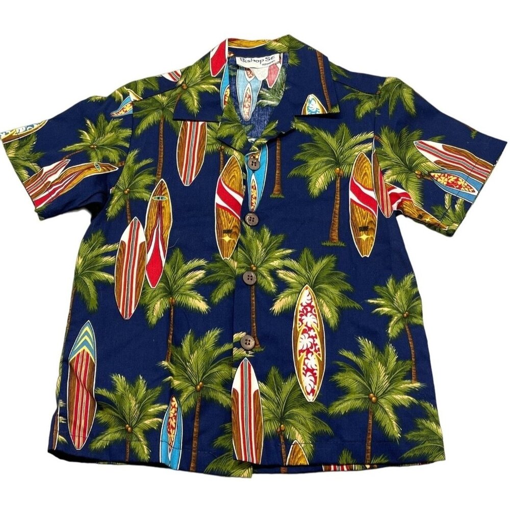 Bishop St. short sleeve shirt button surf boards trees blue kids size 4 READ